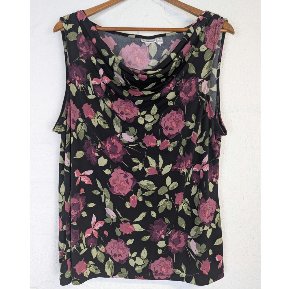 Dark Floral Blouse Sleeveless Cowl Neck Black Red Whimsigoth Stretch Womens XL